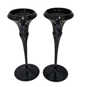 Vintage Oneida Black Glass Candlestick Holders Elegant Taper‎ Candle Holders Set